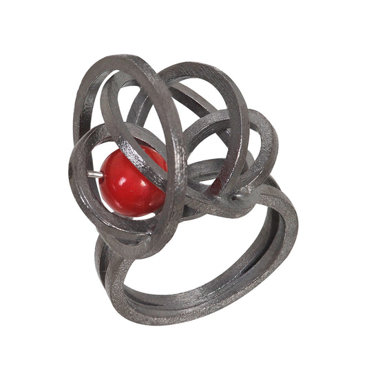 Handmade silver ring rhodium plated with coral. CDSPk